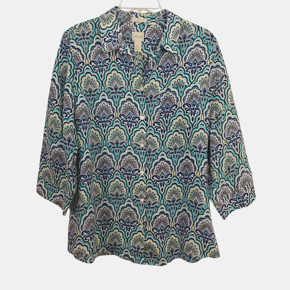 Chico's No Iron Linen Scallop Print 3/4 Sleeve Button Front Shirt Size Large / 2 - Picture 2 of 8